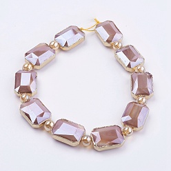 PeachPuff Opaque Glass Beads Strands, with Brass Findings, Pearl Luster Plated, Faceted, Rectangle, Golden, PeachPuff, 13x18x7mm, Hole: 1mm, about 10pcs/strand, 9 inch (23cm)