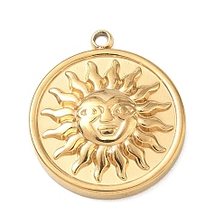 Golden 304 Stainless Steel Pendants, Flat Round & Sun Face Charms, Golden, 18x16x3.5mm, Hole: 1.4mm