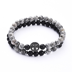 Map Stone Natural Map Stone & Black Agate(Dyed) Beads Stretch Bracelets, Stackable Bracelets, with Brass Micro Pave Cubic Zirconia Links and Non-Magnetic Synthetic Hematite Beads, Flat Round with Cross, Inner Diameter: 2-1/8 inch(5.3cm), 2pcs/set
