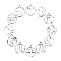 Нержавеющая Сталь Цвет 304 подвески из нержавеющей стали, ручная полировка, кольцо с двенадцатью созвездиями, цвет нержавеющей стали, 18x16x1.5 мм, отверстие : 1.6 мм, 24 шт / коробка
