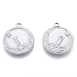 Couleur Acier Inoxydable Pendentifs en acier inoxydable anti-ternissement, plat rond avec le chat, couleur inox, 201mm, Trou: 24x20.5x2mm