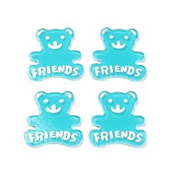 Cyan Acrylic Cabochons, Bear with Word Friends, Cyan, 31.5x29x2mm