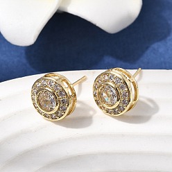 Настоящее золото 18K Плоские круглые серьги-гвоздики из латуни с микропаве и прозрачным фианитом, долговечный, стойки покрытие, без свинца и без кадмия, реальный 18 k позолоченный, 10.5 мм