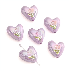 Сливовый 2шт. УФ-покрытия акриловые бусины, сердце с тюльпаном, с эмалью, слива, 20x19 мм, отверстие : 2 мм