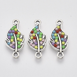 Colorful Antique Silver Tone Alloy Links connectors, with Resin, Leaf, Colorful, 25x11.5x2.5mm, Hole: 1.6mm