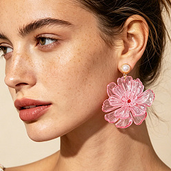 Pearl Pink Transparent Acrylic Flower Dangle Earrings, Alloy Imitation Pearl Top Stud Earrings, 304 Stainless Steel Earrings, Golden, Pearl Pink, 75x56mm