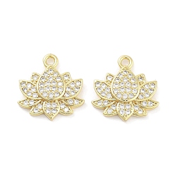 Настоящее золото 18K Латунные микропаве прозрачные подвески с фианитом, цветок лотоса, реальный 18 k позолоченный, 16x16x3 мм, отверстие : 1.2 мм
