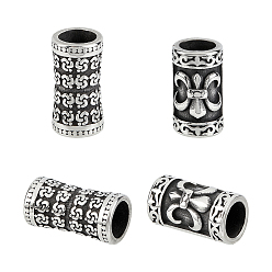 Antik Silber Farbe 316 Edelstahl Rohr Perlen, Großloch perlen, Säule mit Blumen, Antik Silber Farbe, 20.5~22x12 mm, Bohrung: 8 mm, 4 Stück / Karton