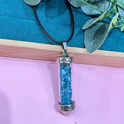 Кошачий Глаз Кулон из цинкового сплава в виде шестиугольной стеклянной бутылки с внутренними синими вставками в форме кошачьего глаза, ожерелье из черной искусственной кожи., платина, 19.69 дюйм (50 см)