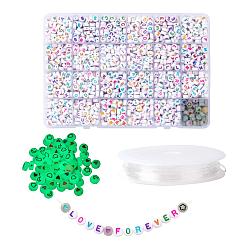 Mixed Color DIY Jewelry Making Kits, Including White Flat Round Acrylic Beads Colorful Letter, Elastic Crystal Thread, Mixed Color, 1920Pcs/Set