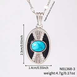 Платина Винтажные латунные ожерелья с овальными подвесками из синтетической бирюзы и прозрачных кубических цирконий, с черной эмалью, платина, 15.75 дюйм (40 см)