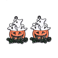 Electrophoresis Black Halloween Alloy Enamel Pendant, Pumpkin Jack-O'-Lantern with Ghost, Electrophoresis Black, 28.5x22x1mm, Hole: 1.4mm