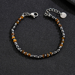 Tiger Eye Natural Tiger Eye Heishi Beaded Bracelets with 201 Stainless Steel End Chains, Stainless Steel Color, 7.48 inch(19cm)