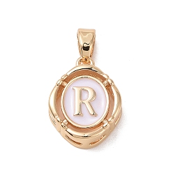Letter R 304 aus Stahl-Email-Anhänger, Oval mit Buchstaben, golden, weiß, Buchstabe r, 15.5x11.5x4 mm, Bohrung: 4.5x2.5 mm