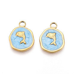 Светло-Голубой 304 подвески из нержавеющей стали, с эмалью, плоский круглый с подвесками в виде дельфинов, ионное покрытие (ip), реальный 18 k позолоченный, Небесно-голубой, 16.5x13x2 мм, отверстие : 2.5 мм