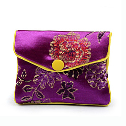 Фиолетовый Прямоугольные тканевые мешочки на молнии в китайском стиле, с цветочным узором и кнопкой, фиолетовые, 7.5x9.5 см