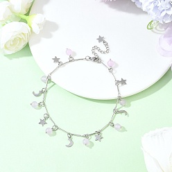 Фиолетовый 201 браслеты на ногу из латунной цепочки с подвесками в виде луны и звезды из нержавеющей стали и натурального окрашенного малайзийского нефрита, платины и нержавеющая сталь цвет, фиолетовые, 9-3/8 дюйм (238 мм)