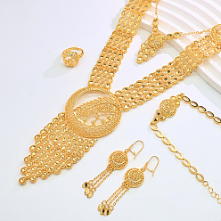 Золотой Роскошные браслеты, серьги, ожерелья и кольца из сплава с полыми круглыми и листовидными элементами для женщин., золотые, ожерелья: 17.32 дюйм (44 см)