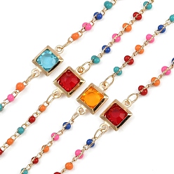 Золотой Латунные цепочки с квадратными звеньями, со стеклом и эмалью, долговечный, стойки покрытие, без свинца и без кадмия, несварные, ручной работы из бисера цепи, золотые, 4.5x2x2.5 mm и 11.5x6.5x3 mm