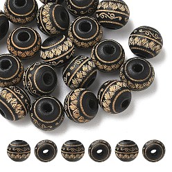 Черный 20 шт. Окрашенные бусины из натурального дерева, круглый с лазерной гравировкой в виде листьев, чёрные, 10x9 мм, отверстие : 2.5 мм