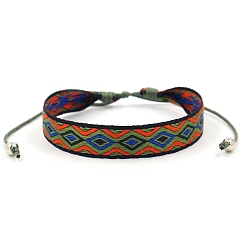 Yellow Green Ethnic Style Polyester Flat with Rhombus Cord Bracelet, Adjustable Bracelet for Women, Yellow Green, 6-1/4~9-1/2 inch(16~24cm)