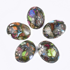 Разноцветный Синтетическая золотая линия регалит / имперская яшма / морские отложения яшма кабошоны, окрашенные, овальные, красочный, 25~25.5x18~18.5x7~7.5 мм