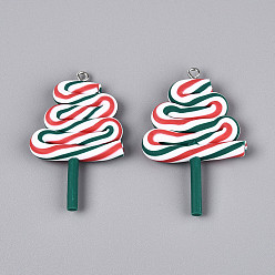 Зеленый Полимерной глины ручной работы подвески, рождественская елка, с железными петлями, зелёные, 47~48x28.5~31.5x5~5.5 мм, отверстие : 2 мм