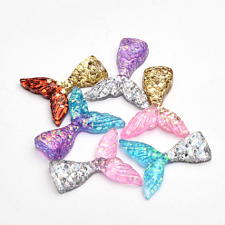 Mixed Color Resin Cabochons, with Glitter Powder, Mermaid Tail, Mixed Color, 33x30x7.5~9.5mm