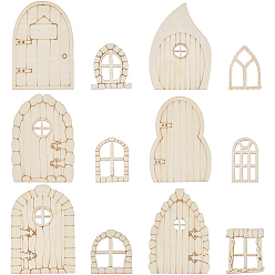 Bois Solide 48pcs 12 styles porte féerique en bois brut, peinture à faire soi-même pour les enfants, burlywood, 58~100x33.5~71x1.5mm, 4 pcs / style