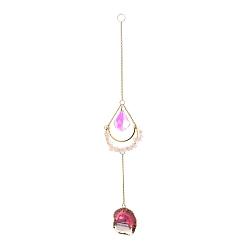 Розовый Кварц Подвеска-ловец солнца из натуральной крошки розового кварца и среза агата, Латунная луна и подвесная призма из стеклянного кристалла для украшения окон и сада., 335~390 мм