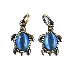 Озёрно--синий Латунные подвески, с кошачьим глазом и прыгающим кольцом, без свинца и без кадмия, античная бронза, Морская черепаха, Плут синий, 16x10.5x4 мм, отверстие : 3.5 мм