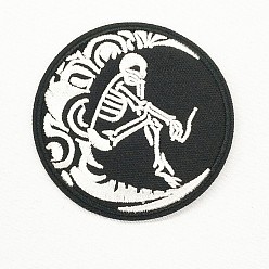 White Computerized Embroidery Cloth Iron on/Sew on Patches, Costume Accessories, Appliques, Flat Round with Moon and Human Skeleton, Black & White, 70mm