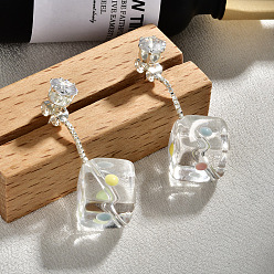 Серебро Женские серьги-гвоздики из латуни с фианитами, cmолой, кубические, серебряные, 33x13 мм