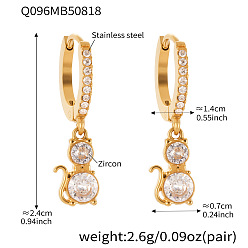 Golden 304 Stainless Steel & Clear Cubic Zirconia Hoop Dangle Earrings, Cat Shape, Golden, 24mm