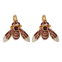 Purple 2Pcs 925 Sterling Silver Enamel Bees Pendants, Insect Charms, with Jump Rings, Golden, Purple, 15x17.5x6mm, Hole: 2.5mm