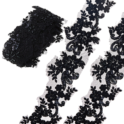 Черный 2ярдов полиэстеровой цветочной вышивки с отделкой из кружева со стеклянными бусинами, аксессуары для одежды, чёрные, 2-1/2 дюйм (63 мм), около 2.00 ярдов (1.83 м) / комплект