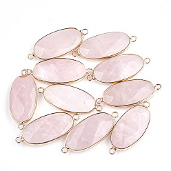 Розовый Кварц Соединители звеньев естественного розового кварца, с латунной фурнитурой , граненые, овальные, золотые, 39x16x6 мм, отверстие : 2 мм