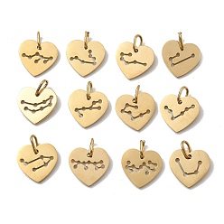 Chapado en Oro Real de 14K 304 encantos de acero inoxidable, dijes con forma de corazón y doce constelaciones, real 14 k chapado en oro, 12x12.5x1 mm, agujero: 4x2.5 mm, 12 PC / sistema