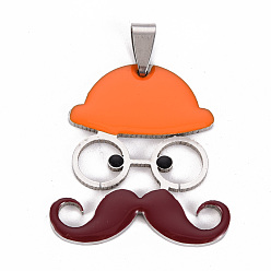 Dark Orange 201 Stainless Steel Enamel Pendants, Human with Mustache and Hat, Dark Orange, 35x31.5x2mm, Hole: 8x4mm