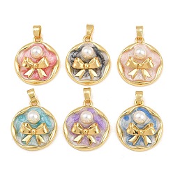 Mixed Color Brass Enamel Pendants, with ABS Plastic Imitation Pearl, Flat Round with Bowknot Charms, Real 18K Gold Plated, Mixed Color, 21x18x6mm, Hole: 4.5x3mm