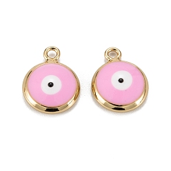 Бледно-Розовый Латунь эмаль прелести, с целью перехода в кольце, реальный 18 k позолоченный, долговечный, без свинца, без никеля и без кадмия, плоские круглые с сглаза, розовый жемчуг, 13x10x2.5 мм, отверстие : 1.2 мм