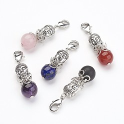 Mixed Color Tibetan Style Alloy Pendants Decorations, with Brass Lobster Claw Clasps and Natural Gemstone Beads, Buddha, Mixed Color, 40mm