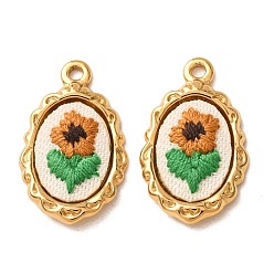 Dark Orange 304 Stainless Steel & Cloth Embroidered Pendants, Scalloped Oval with Sunflower Charms, Ion Plating(IP), Long-Lasting Plated, Real 18K Gold Plated, Dark Orange, 23x14x3mm, Hole: 1.7mm