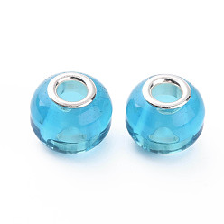 Deep Sky Blue Glass European Beads, Large Hole Beads, with Silver Tone Brass Double Cores, Rondelle, Deep Sky Blue, 14.5x11.5mm, Hole: 5mm
