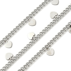 Нержавеющая Сталь Цвет 304 из нержавеющей стали обуздать цепи, несварные, с катушкой, с сердцем прелести, цвет нержавеющей стали, 8.5x5x1.5 мм