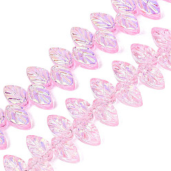 Rose Nacré Plaquent verre transparent perles brins, feuille, de couleur plaquée ab , demi-plaqué, teint et cœur, perle rose, 11~11.5x6.5~7x3~4mm, Trou: 0.8~0.9mm, Environ 98~100 pcs/chapelet, 18.90~19.29 pouce (48~49 cm)