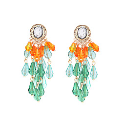 Verdemar Medio Pendientes de botón con borla en forma de lágrima de aleación de zinc y acrílico para mujer, la luz de oro, verde mar medio, 69x31 mm