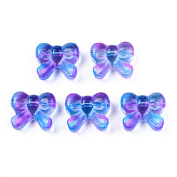 Blue Transparent Spray Painted Glass Beads, Two Tone, Bowknot, Blue, 14x16x6mm, Hole: 1mm