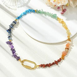 Golden 7 Chakra Natural with Synthetic Gemstone Necklaces, with 304 Stainless Steel Locking Carabiner, Nuggets, Golden, 15.67 inch(39.8cm)