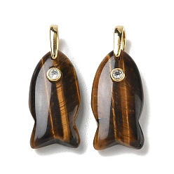 Tiger Eye Natural Tiger Eye Pendants, Fish Charms with Brass Micro Pave Clear Cubic Zirconia Findings, Golden, 27~27.5x13.5~14.5x7~7.5mm, Hole: 6.5x4.5mm